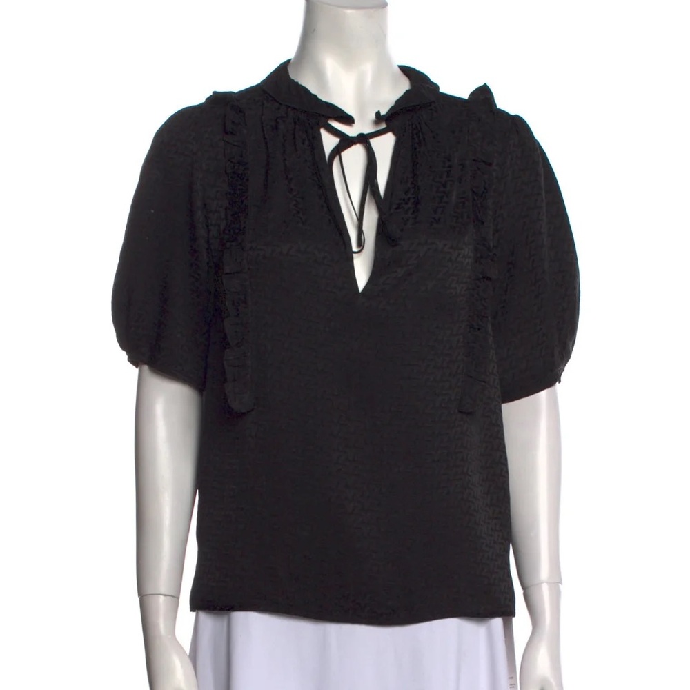 Zadig & Voltaire Black Silk V-Neck Puff Sleeve Blouse Size M New